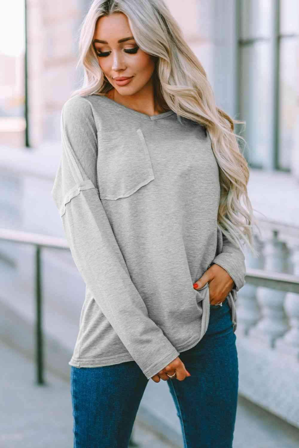 Dropped Shoulder V-Neck Top Blouses - Tophatter Daily Deals