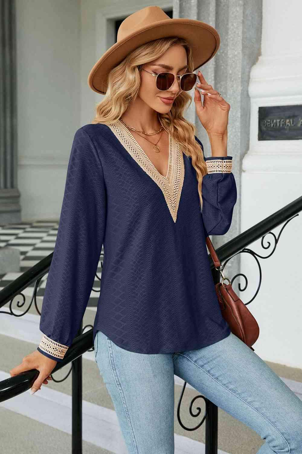 V-Neck Long Sleeve Blouse Blouses - Tophatter Daily Deals