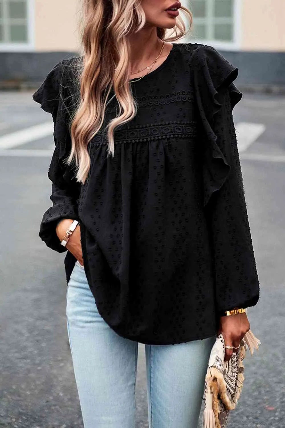 Ruffle Trim Balloon Sleeve Blouse Blouses - Tophatter Daily Deals