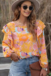 Floral Print Ruffle Puff Sleeve Blouse Blouses - Tophatter Daily Deals