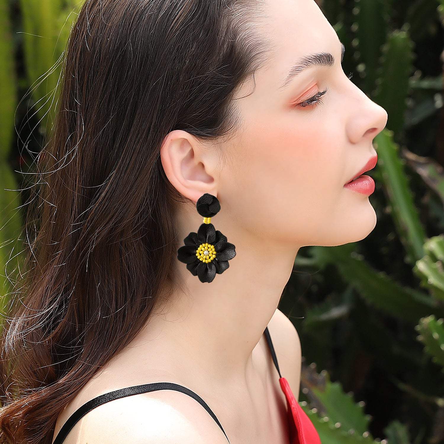 Bead PU Leather Stainless Steel Flower Earrings Black One Size Earrings - Tophatter Daily Deals