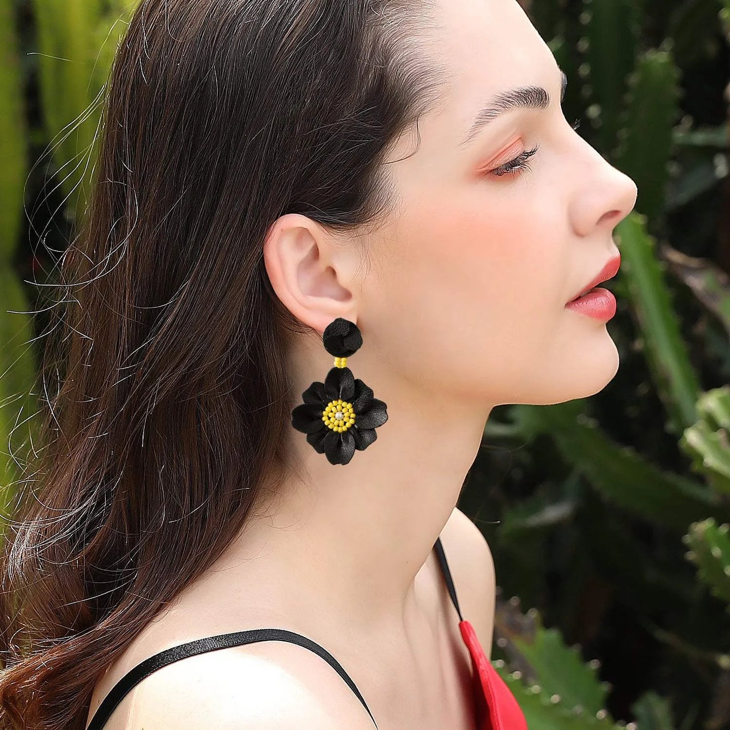Bead PU Leather Stainless Steel Flower Earrings Black One Size Earrings - Tophatter Daily Deals