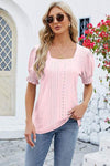 Eyelet Square Neck Short Sleeve T-Shirt Women's T-Shirts - Tophatter Daily Deals