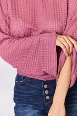 Culture Code Full Size Waffle-Knit Round Neck Long Sleeve Blouse Blouses - Tophatter Daily Deals