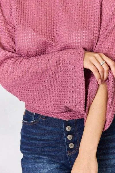 Culture Code Full Size Waffle-Knit Round Neck Long Sleeve Blouse Blouses - Tophatter Daily Deals