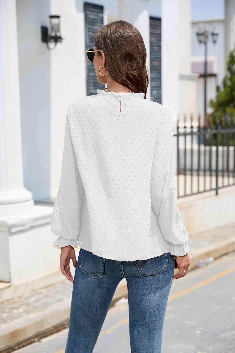 Smocked Mock Neck Swiss Dot Top Blouses - Tophatter Daily Deals