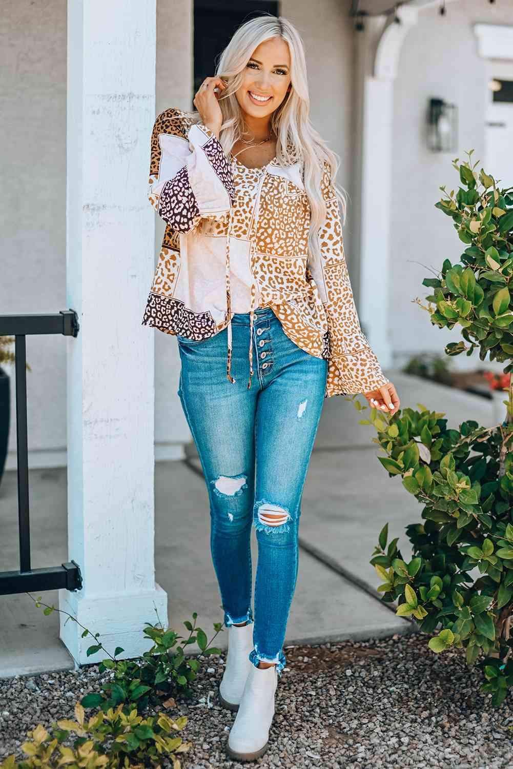 Leopard Patchwork Tied Flare Sleeve Blouse Blouses - Tophatter Daily Deals