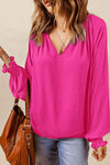 Notched Neck Lantern Sleeve Blouse Hot Pink Blouses - Tophatter Daily Deals