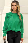 Round Neck Puff Sleeve Blouse Mid Green Blouses - Tophatter Daily Deals