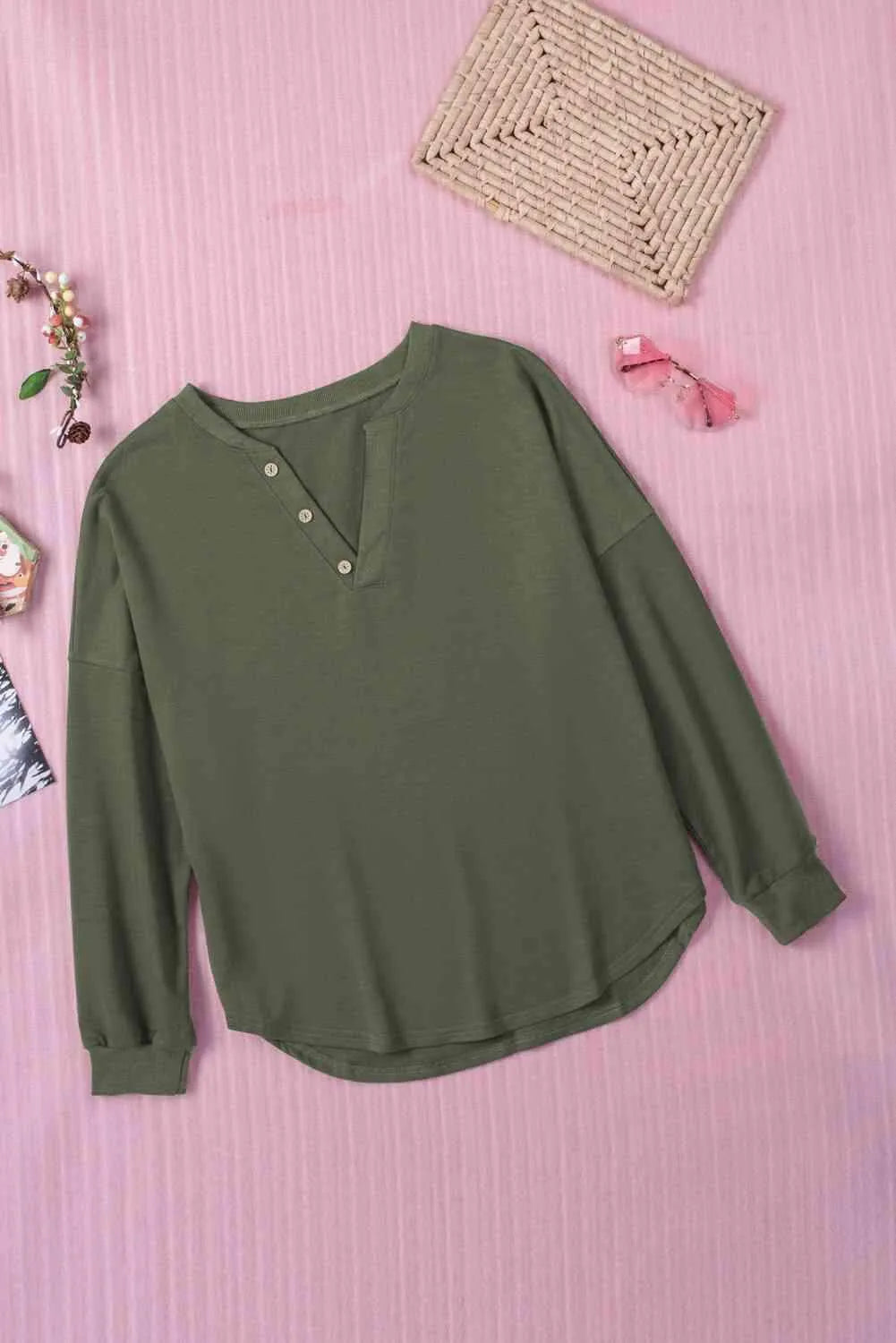 Button Detail Curved Hem Top Olive Blouses - Tophatter Daily Deals