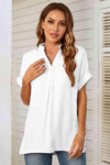 Notched Neck Slit Cuffed Blouse White Blouses - Tophatter Daily Deals