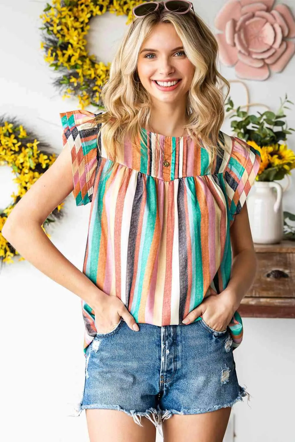 Multicolored Stripe Flutter Sleeve Blouse Turquoise Blouses - Tophatter Daily Deals
