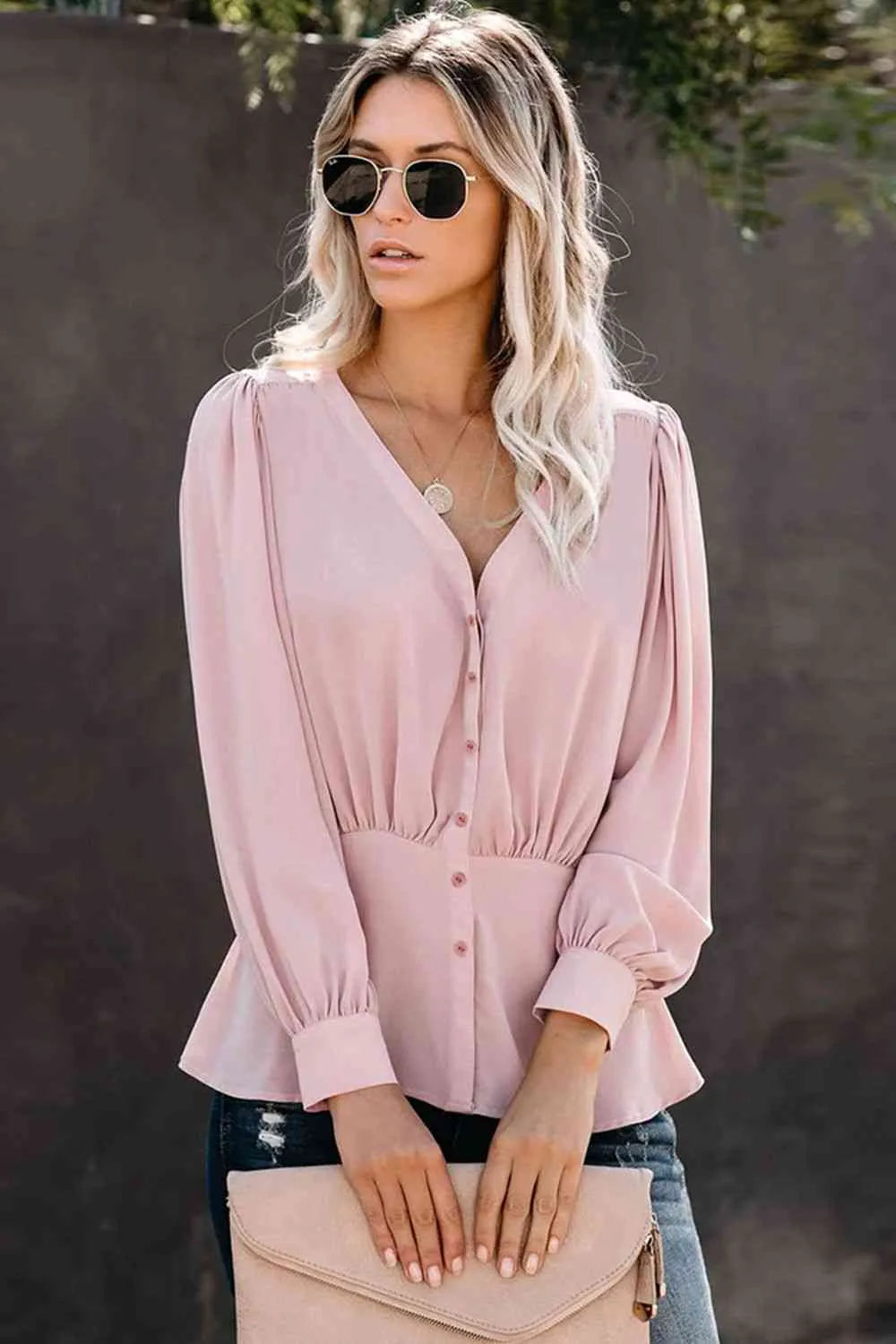 Buttoned Puff Sleeve Blouse Blouses - Tophatter Daily Deals