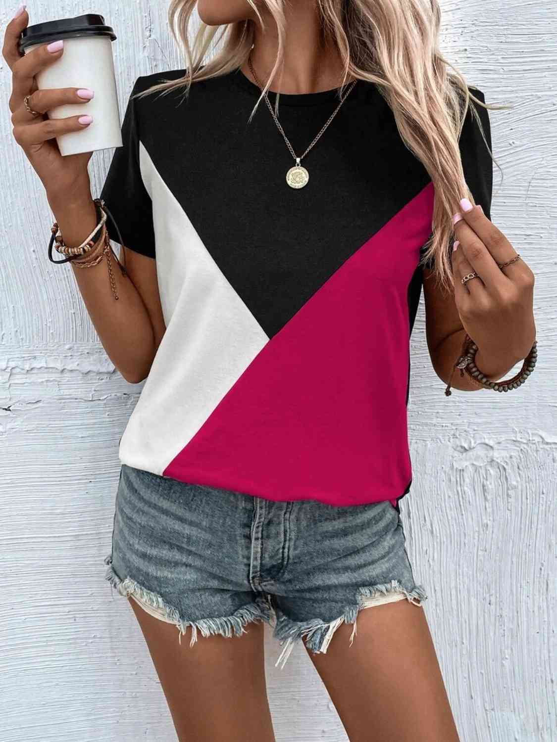 Color Block T-Shirt Women's T-Shirts - Tophatter Daily Deals