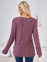 Ribbed Buttoned Round Neck Slit T-Shirt Women's T-Shirts - Tophatter Daily Deals