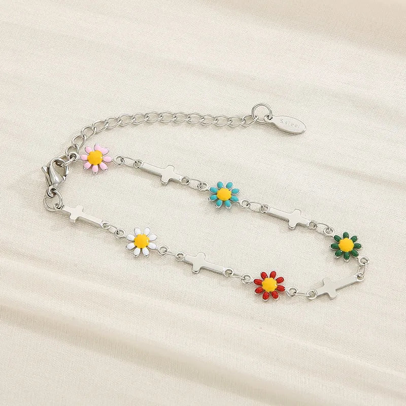 Flower & Cross Stainless Steel Bracelet Pastel Blue One Size Bracelets - Tophatter Daily Deals