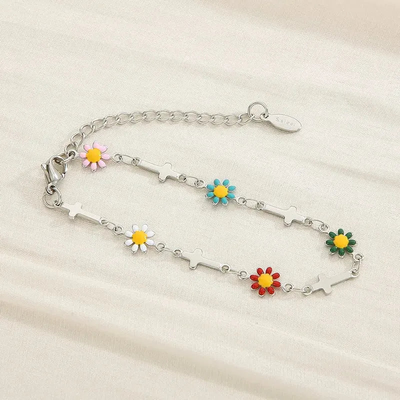 Flower & Cross Stainless Steel Bracelet Pastel Blue One Size Bracelets - Tophatter Daily Deals