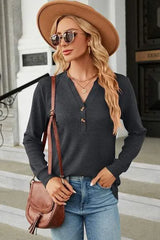 Waffle-Knit Notched Long Sleeve T-Shirt Women's T-Shirts - Tophatter Daily Deals