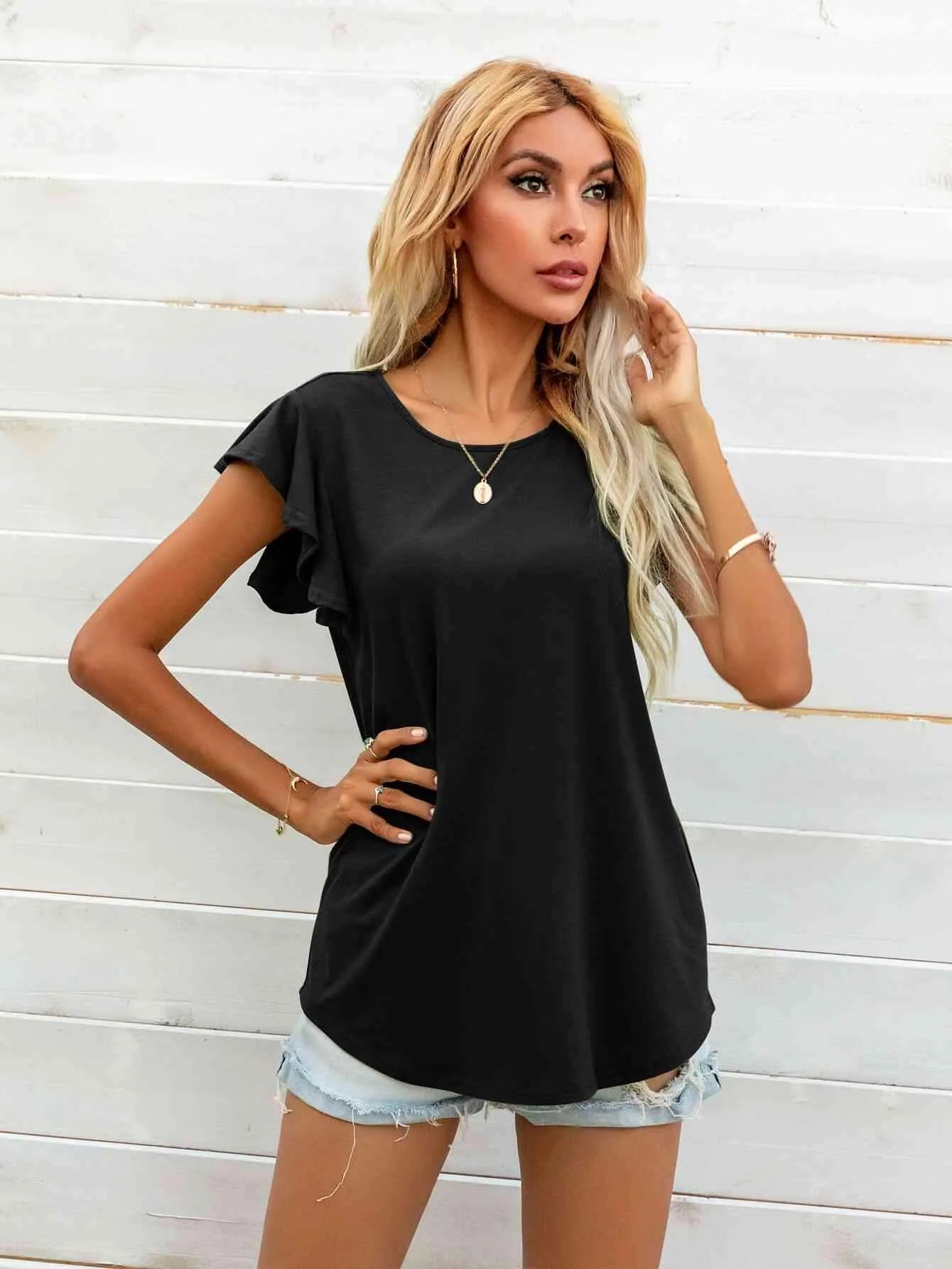 Round Neck Butterfly Sleeve Top Blouses - Tophatter Daily Deals