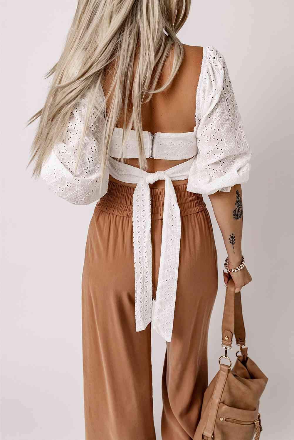 Eyelet Sweetheart Neck Cutout Crop Top Blouses - Tophatter Daily Deals