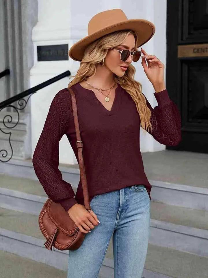 Notched Neck Raglan Sleeve Blouse Wine Blouses - Tophatter Daily Deals