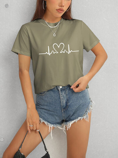 Heart Round Neck Short Sleeve T-Shirt Women's T-Shirts - Tophatter Daily Deals