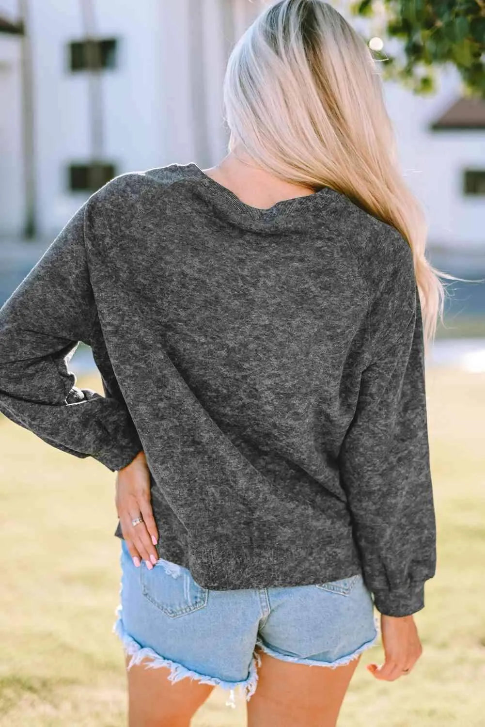 Mineral Washed COW'S FIRST RODEO Round Neck Raglan Sleeve Sweatshirt Graphic Sweatshirt - Tophatter Daily Deals
