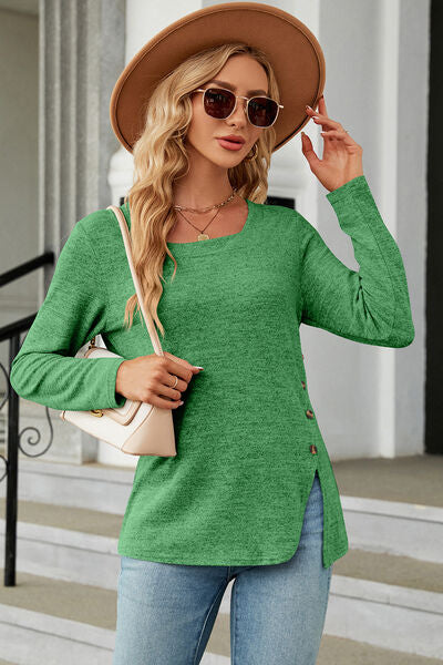 Slit Decorative Button Square Neck T-Shirt Women's T-Shirts - Tophatter Daily Deals