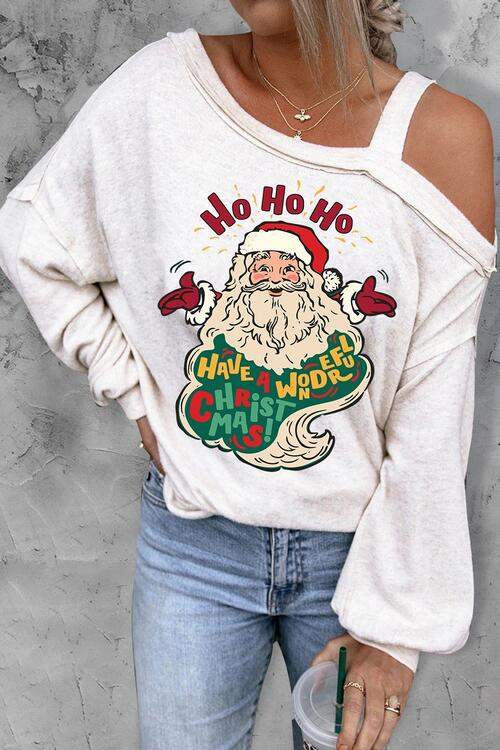 Santa Claus Graphic Asymmetrical Neck Long Sleeve Top White Women's T-Shirts - Tophatter Daily Deals