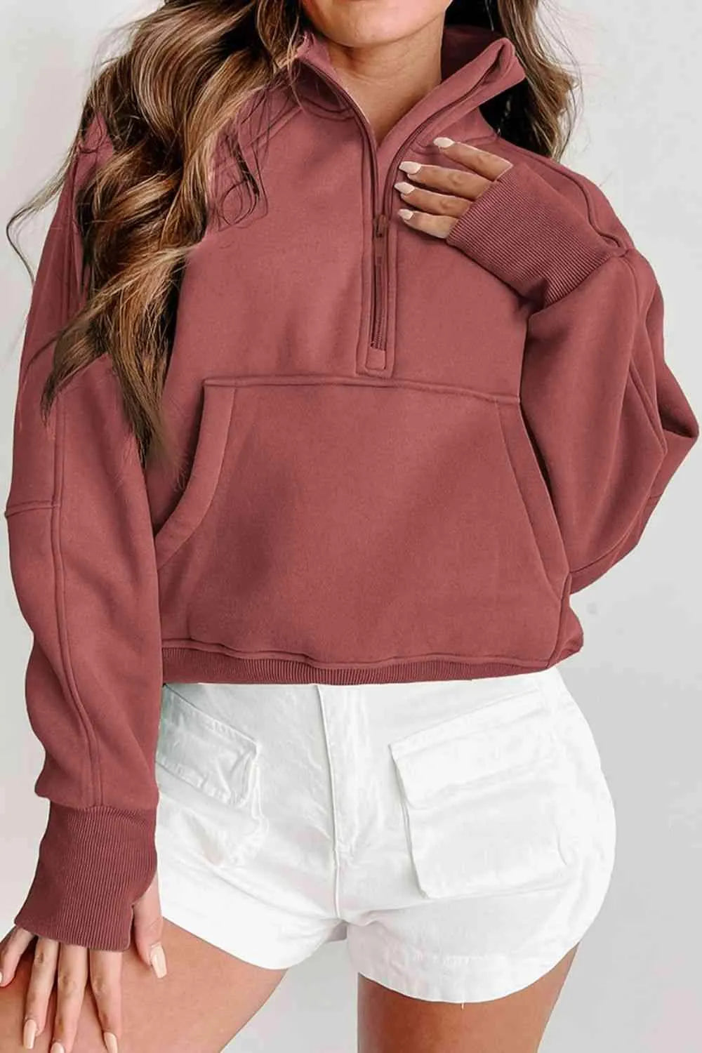 Zip-Up Collared Neck Raglan Sleeve Sweatshirt Brick Red Blouses - Tophatter Daily Deals