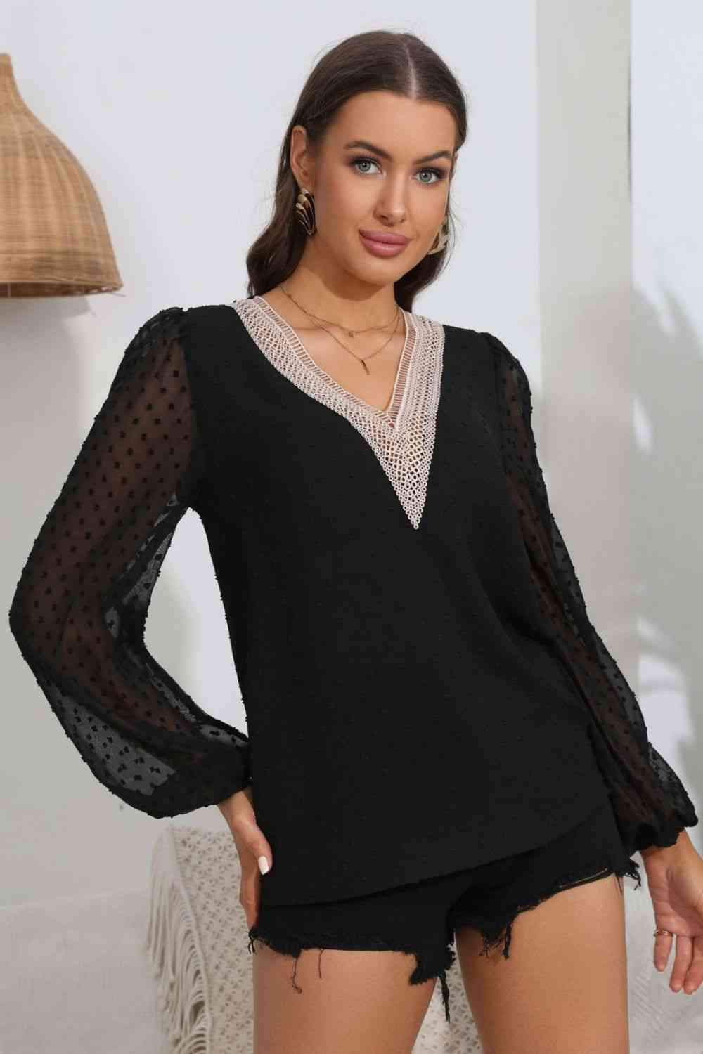 Contrast Swiss Dot Balloon Sleeve Blouse Black Blouses - Tophatter Daily Deals