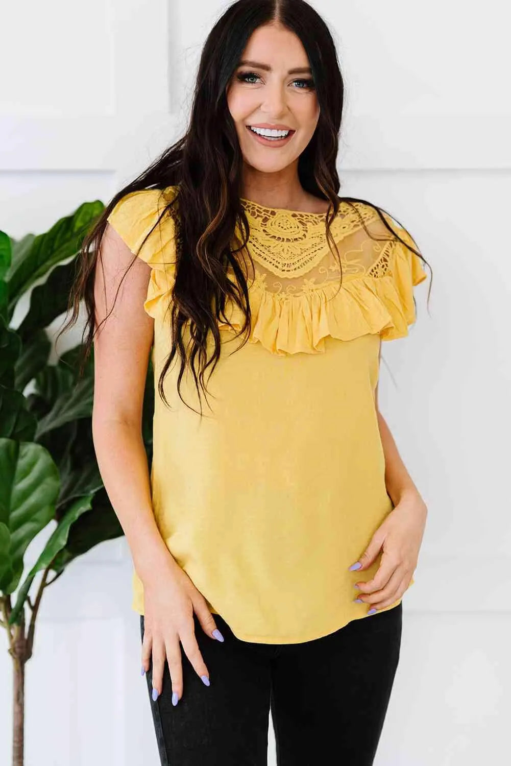Lace Ruffled Short Sleeve T-Shirt Yellow Blouses - Tophatter Daily Deals