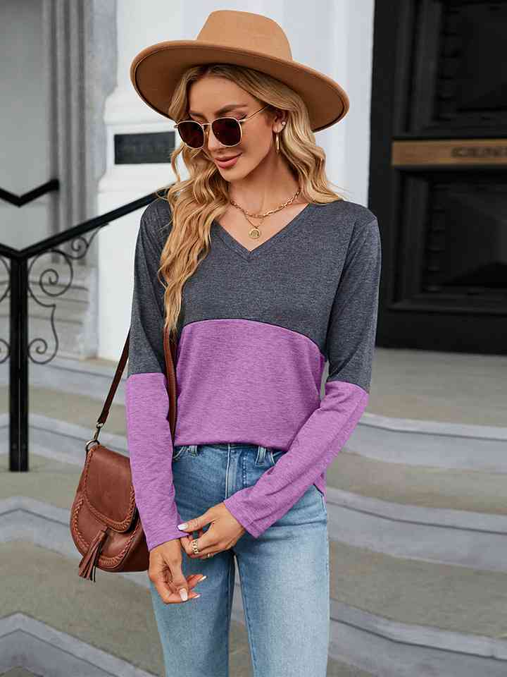 V-Neck Long Sleeve Two-Tone T-Shirt Women's T-Shirts - Tophatter Daily Deals