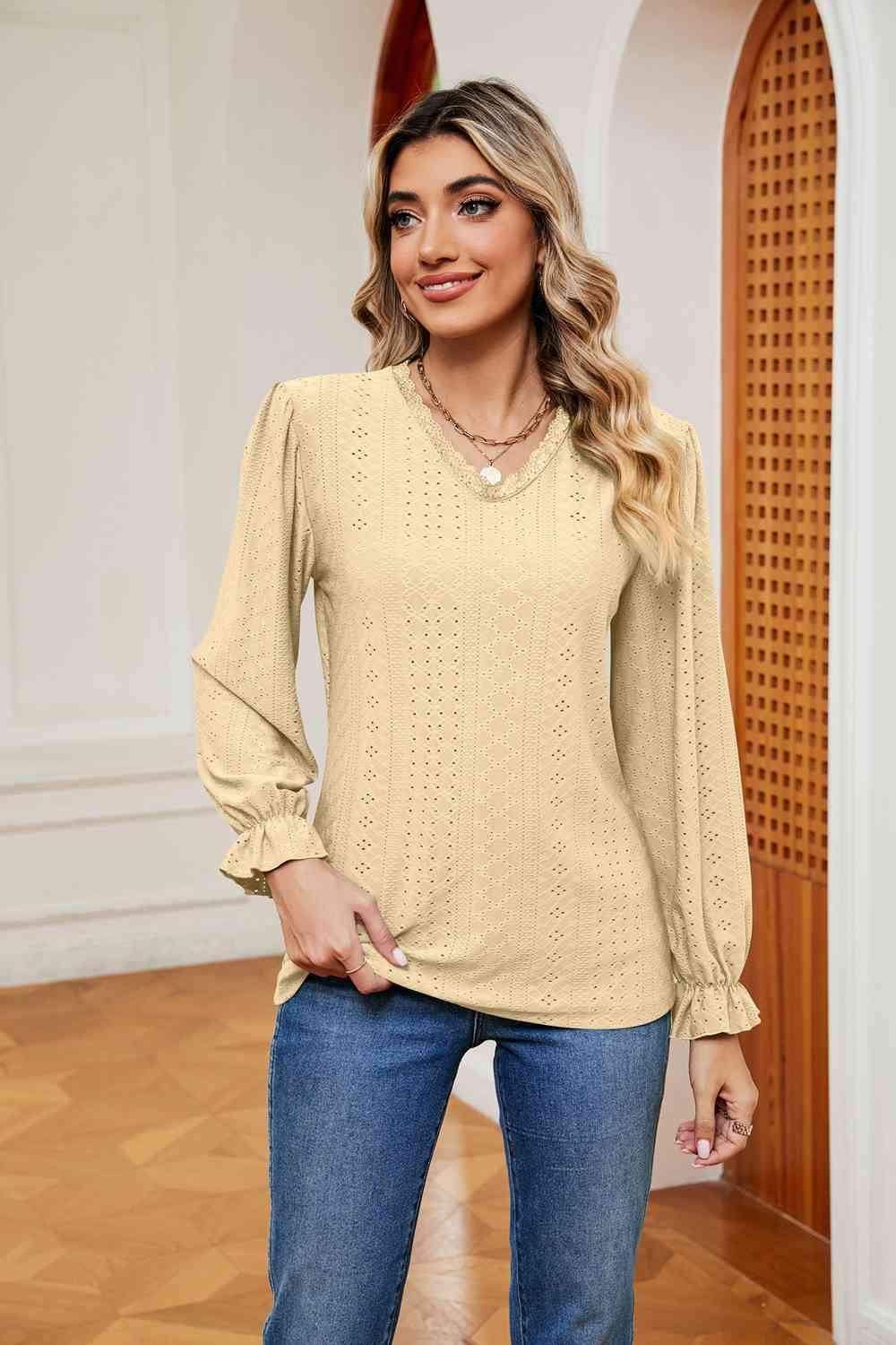 V-Neck Flounce Sleeve Blouse Pastel Yellow Blouses - Tophatter Daily Deals