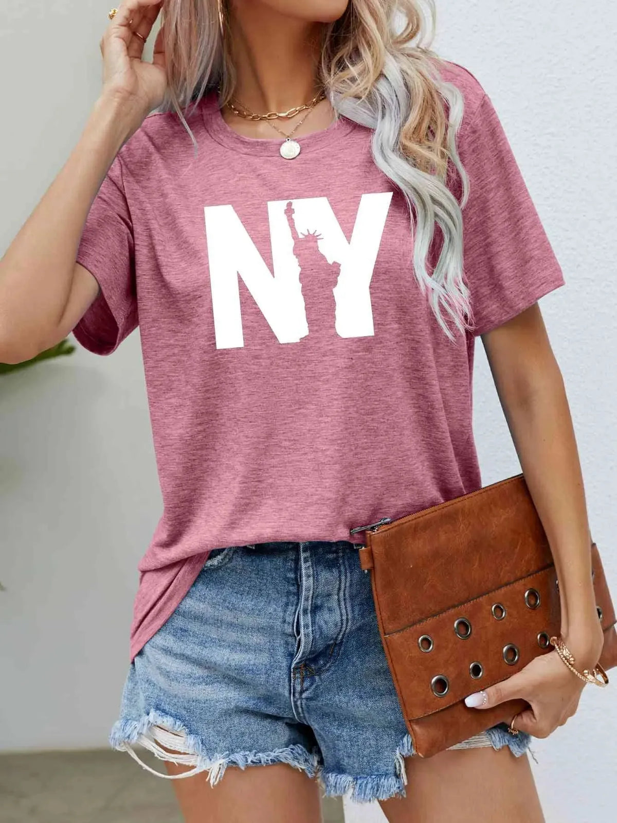 NY the Statue of Liberty Graphic Tee Dusty Pink Women's T-Shirts - Tophatter Daily Deals