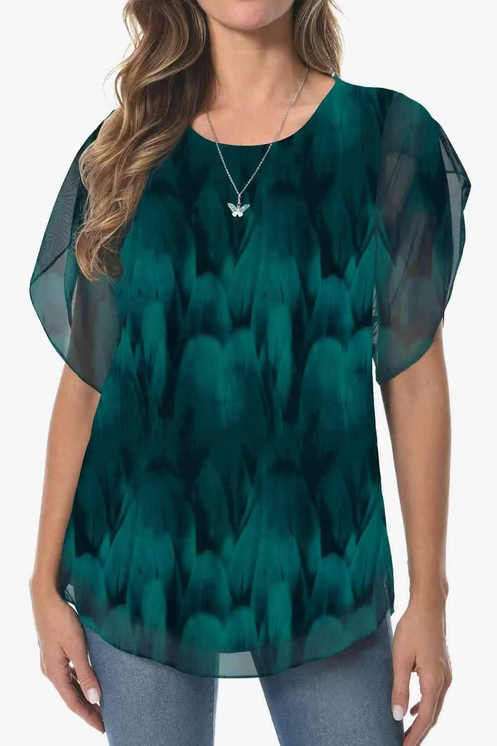 Printed Round Neck Curved Hem Blouse Teal Blouses - Tophatter Daily Deals