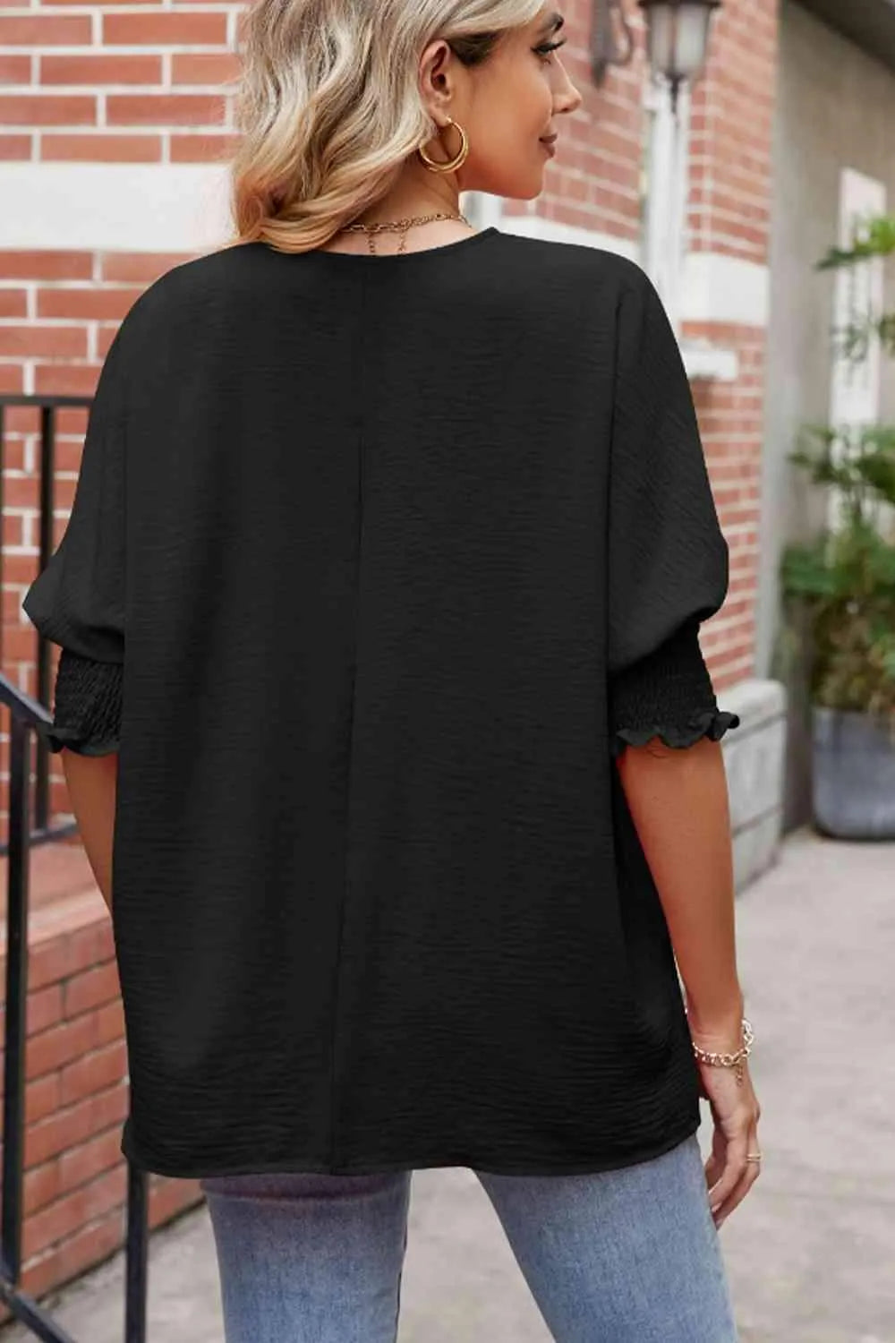 Round Neck Smocked Lantern Sleeve Blouse Blouses - Tophatter Daily Deals