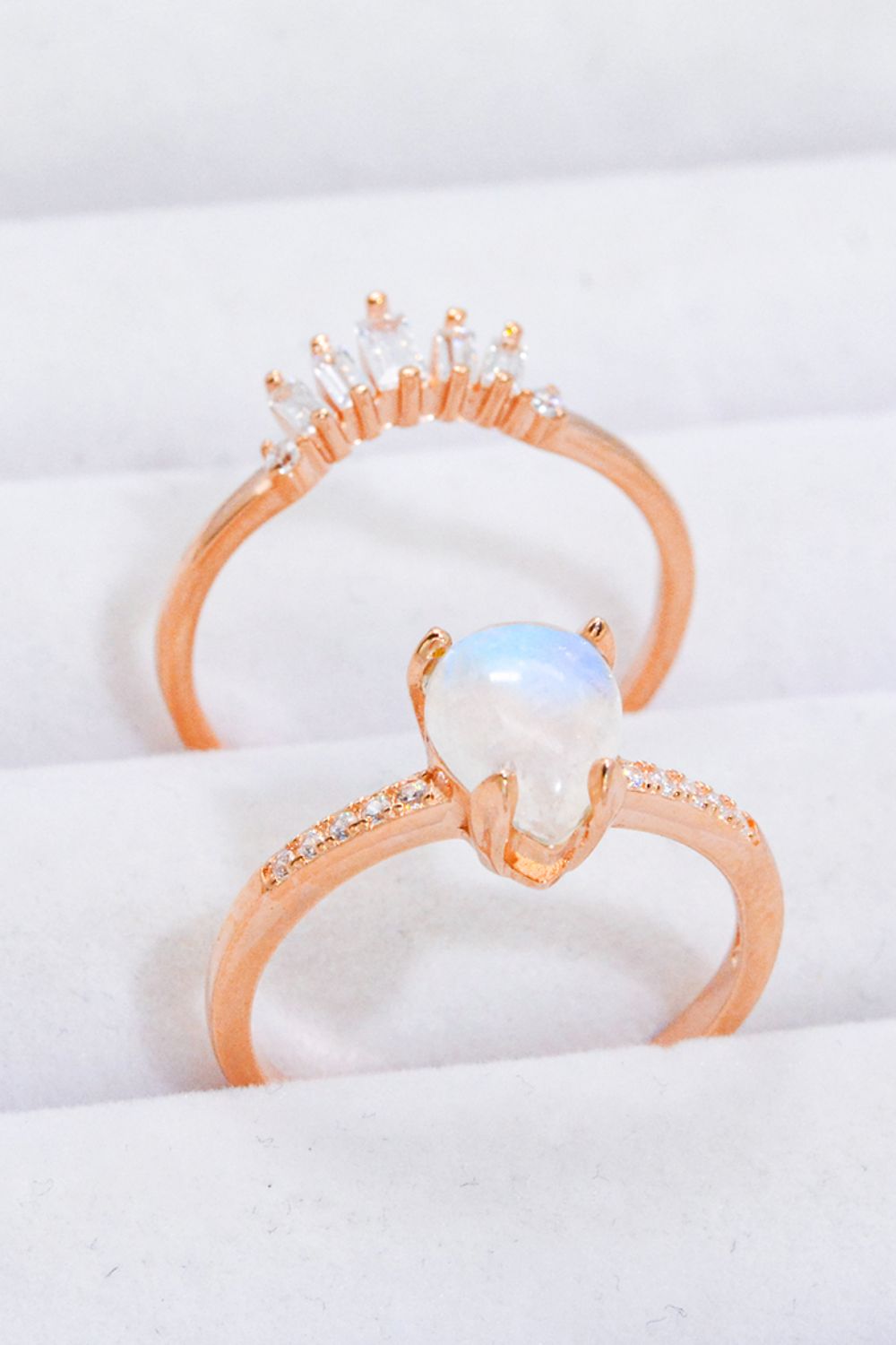 Natural Moonstone and Zircon 18K Rose Gold-Plated Two-Piece Ring Set Moonstone - Tophatter Daily Deals