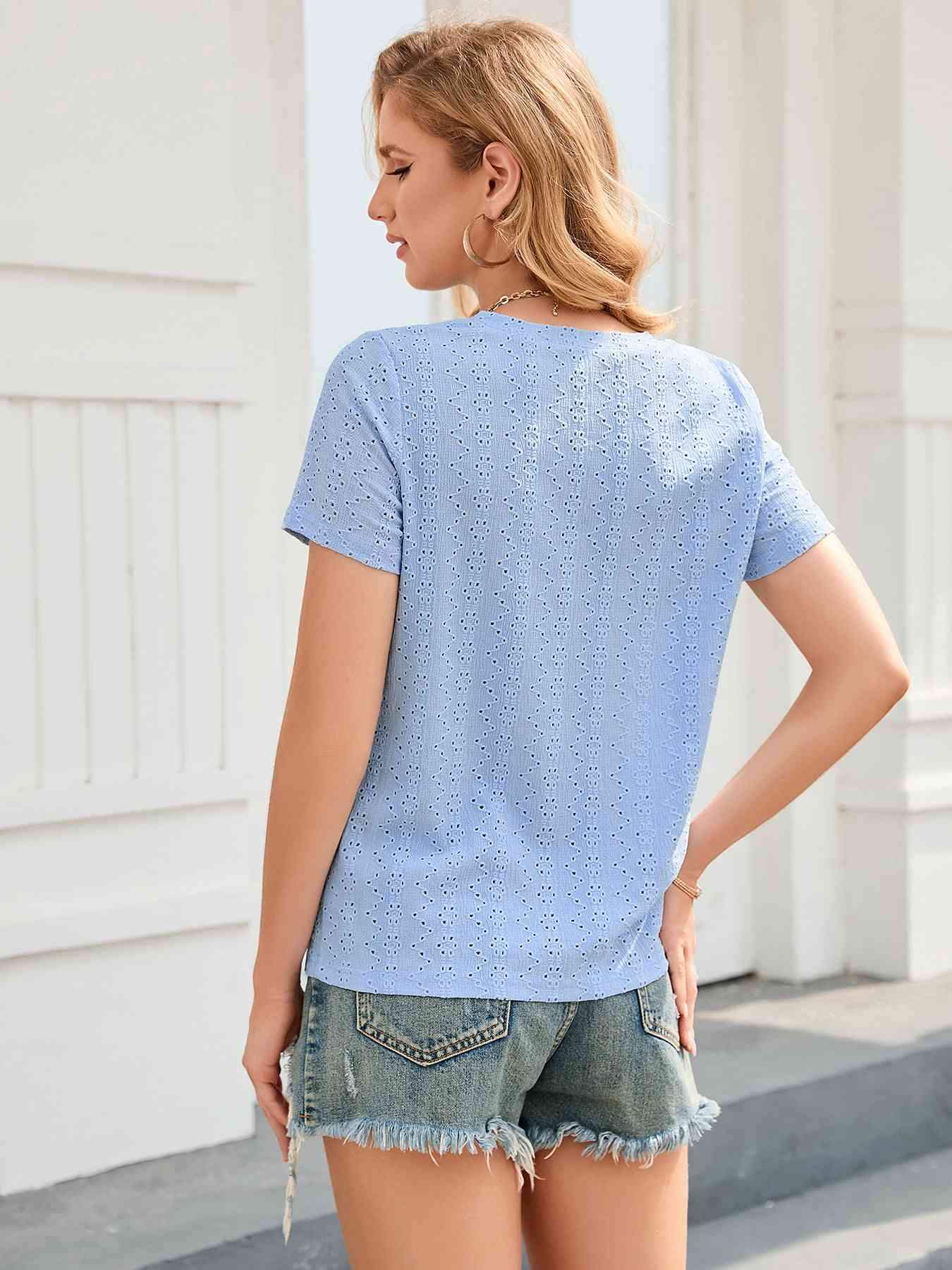 Eyelet Short Sleeve V-Neck Blouse Blouses - Tophatter Daily Deals