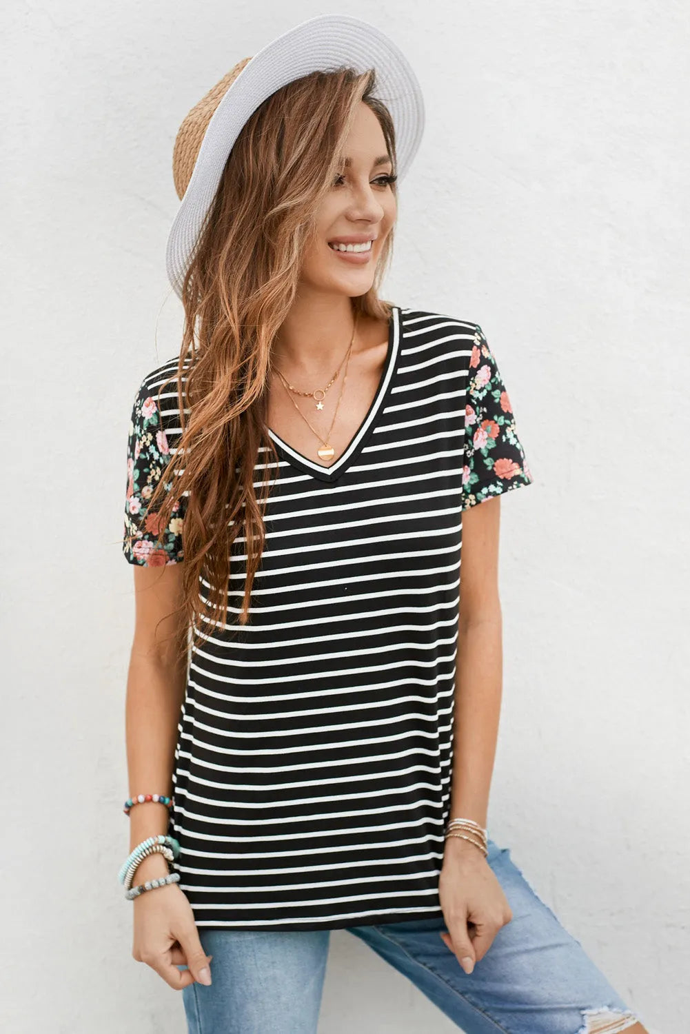 Floral Sleeves Striped T-shirt Women's T-Shirts - Tophatter Daily Deals