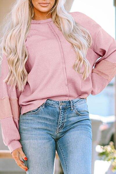 Waffle-Knit Exposed Seam Lantern Sleeve Blouse Blush Pink Blouses - Tophatter Daily Deals