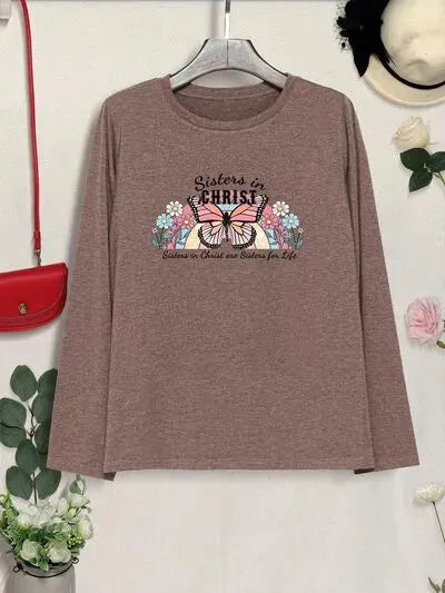 Graphic Round Neck Long Sleeve T-Shirt Women's T-Shirts - Tophatter Daily Deals