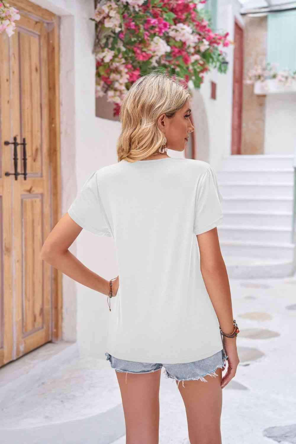 Contrast V-Neck Petal Sleeve Top Blouses - Tophatter Daily Deals