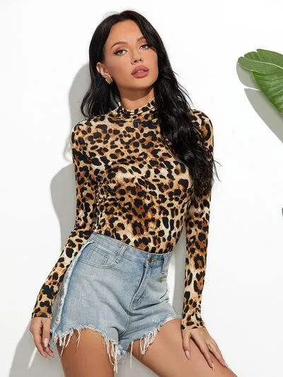 Leopard Mock Neck Long Sleeve T-Shirt Women's T-Shirts - Tophatter Daily Deals
