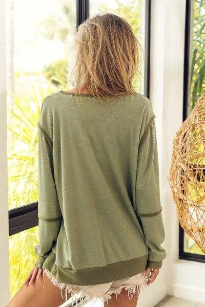 BiBi Waffle Knit Contrast Trim Long Sleeve T-Shirt Blouses - Tophatter Daily Deals