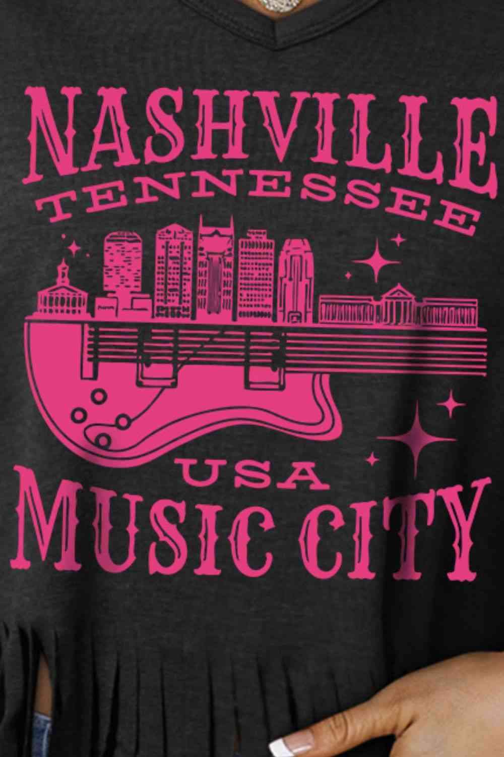 NASHVILLE TENNESSEE USA MUSIC CITY Graphic Fringe Hem Tee Women's T-Shirts - Tophatter Daily Deals