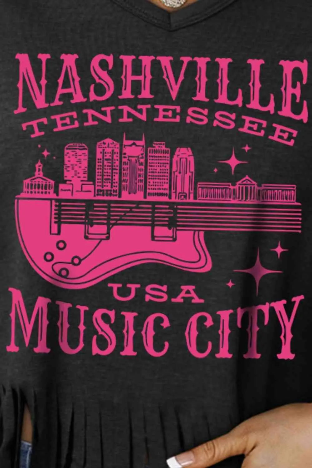NASHVILLE TENNESSEE USA MUSIC CITY Graphic Fringe Hem Tee Women's T-Shirts - Tophatter Daily Deals