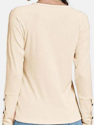 Decorative Button V-Neck Long Sleeve T-Shirt Women's T-Shirts - Tophatter Daily Deals