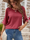 Textured Round Neck Split Sleeve Top Wine Women's T-Shirts - Tophatter Daily Deals