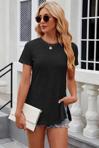 Eyelet Slit Round Neck Short Sleeve T-Shirt Black Women's T-Shirts - Tophatter Daily Deals